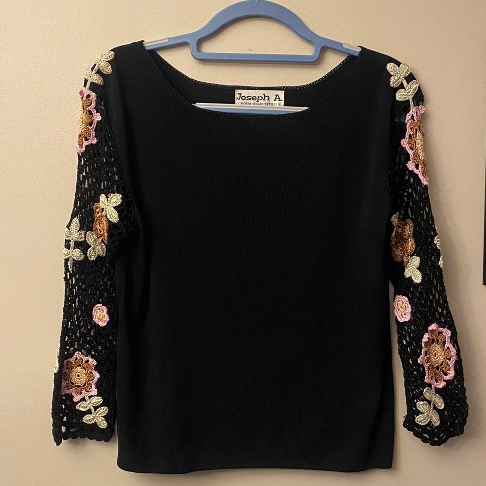 Joseph A Black Top with Floral Crochet Sleeves